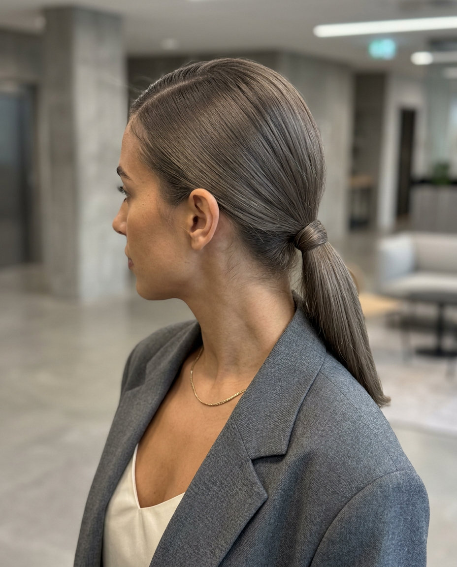 medium blunt-cut linen brunette ponytail with deep side part for summer 2026