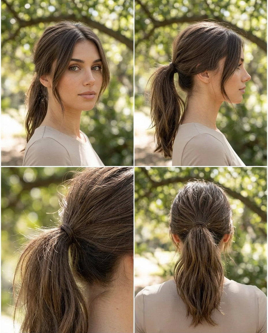 medium-length cool linen brunette ponytail with ash undertones and subtle lowlights for effortless daily wear