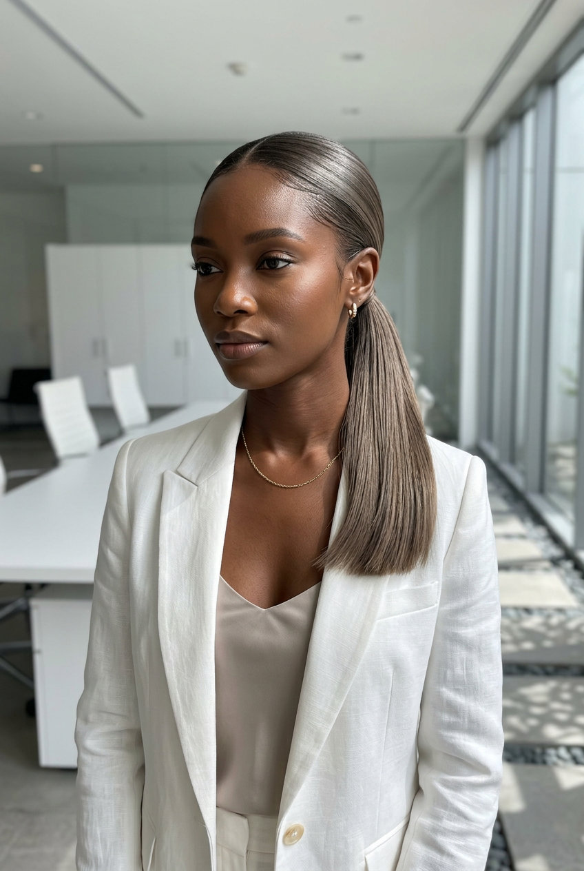 medium-length linen brunette ponytail with ash undertones and high-shine gloss for sharp professional looks