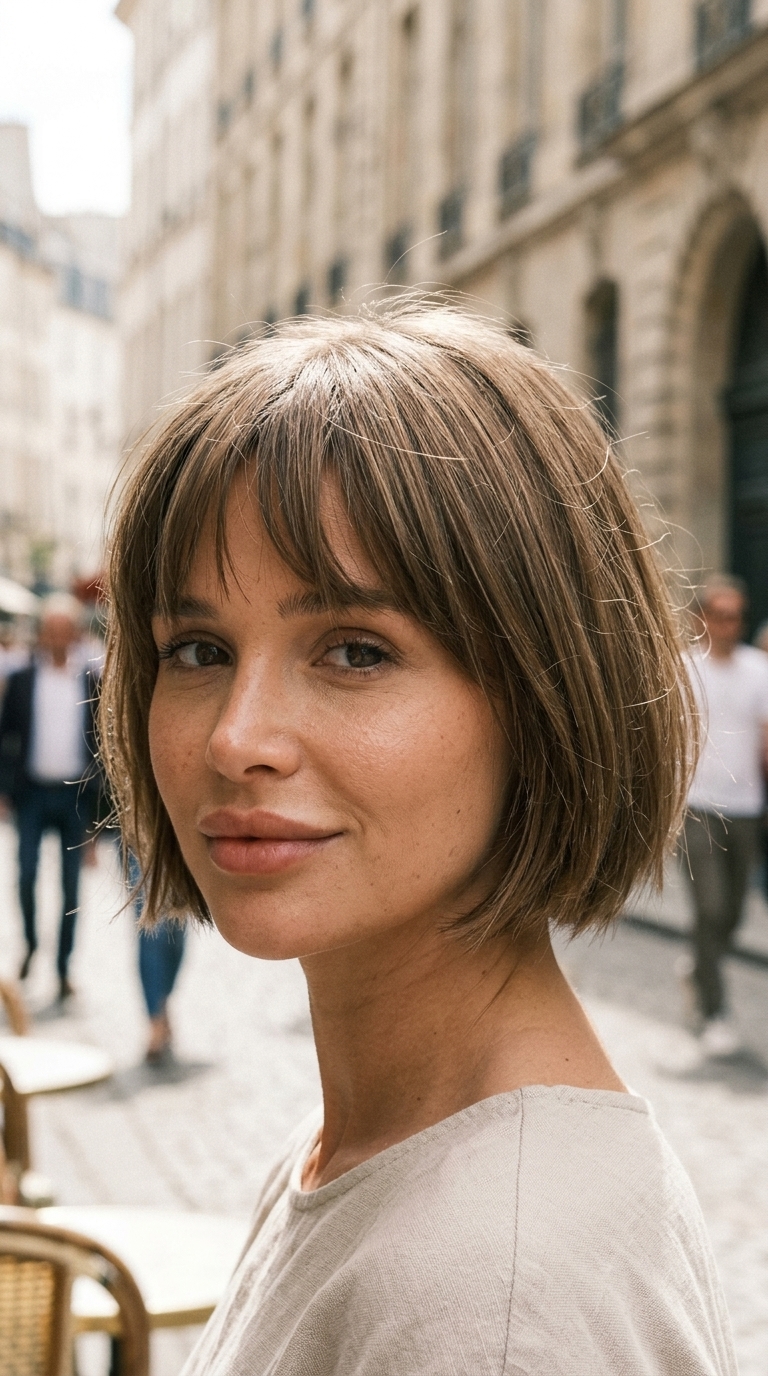 short razor bob haircut with linen brunette, ash beige undertones and razor-cut bangs for casual weekend