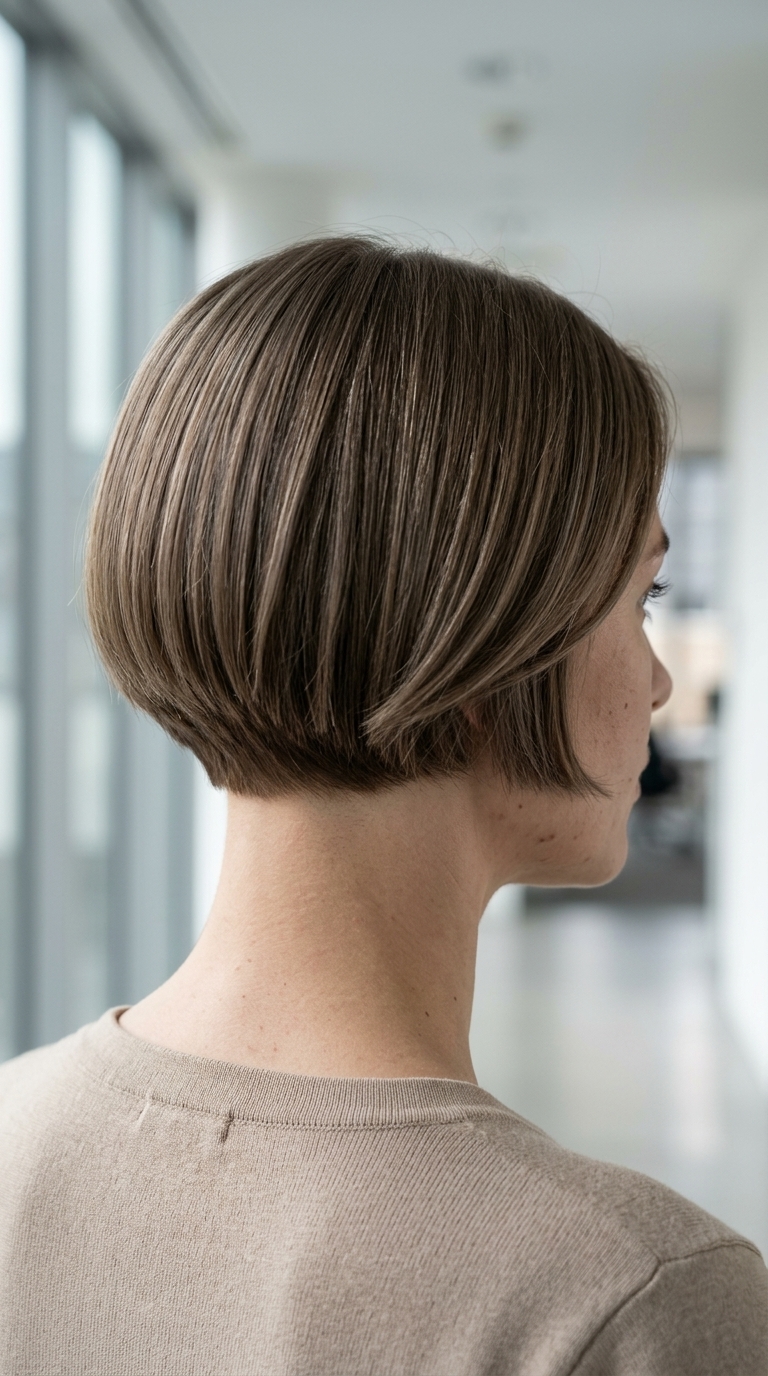 short cool linen brunette razor bob with ash beige babylights and deep side part — minimalist sophisticated
