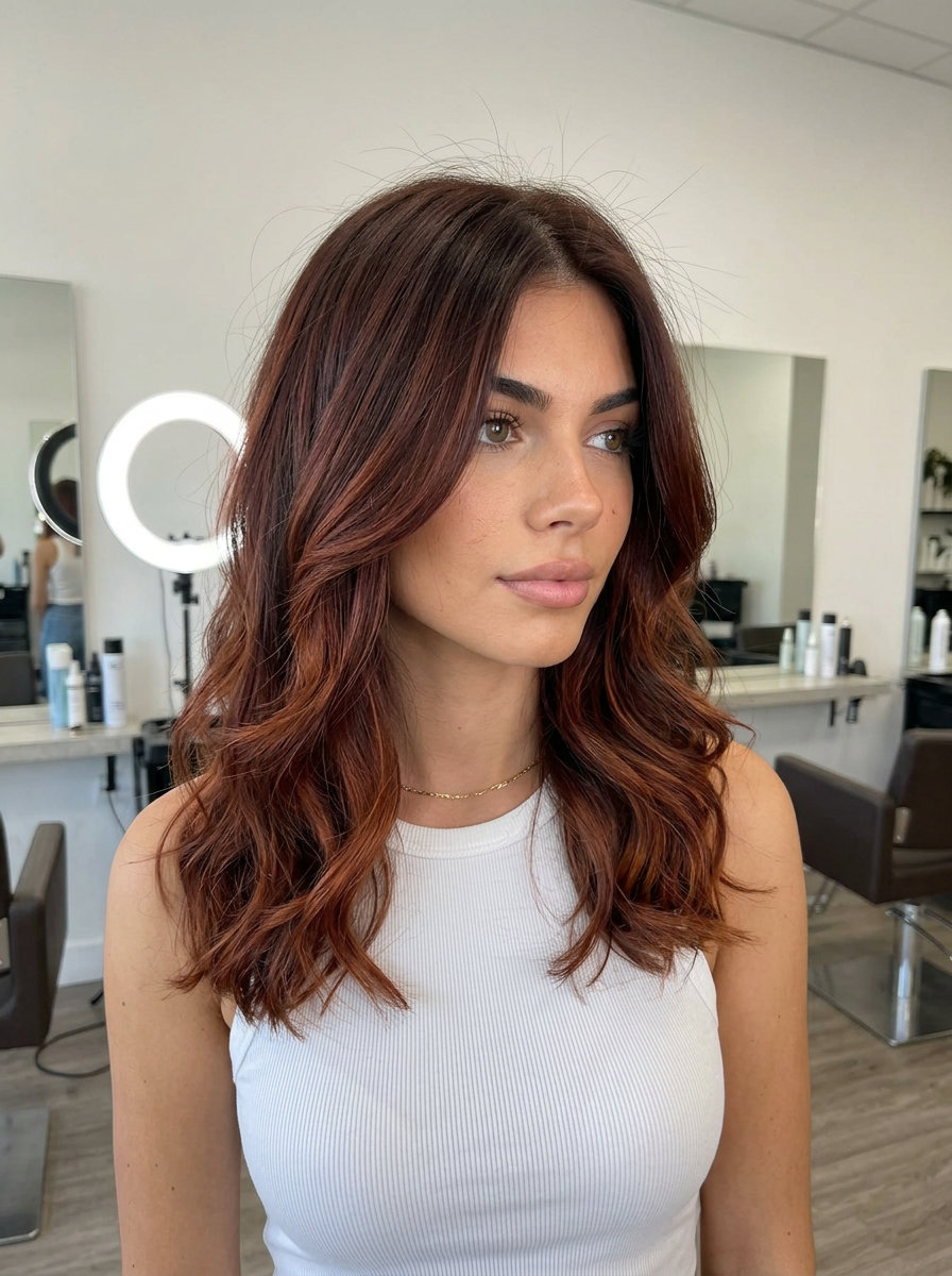 long mahogany balayage with warm auburn and copper-red, freehand painted for depth and sophistication