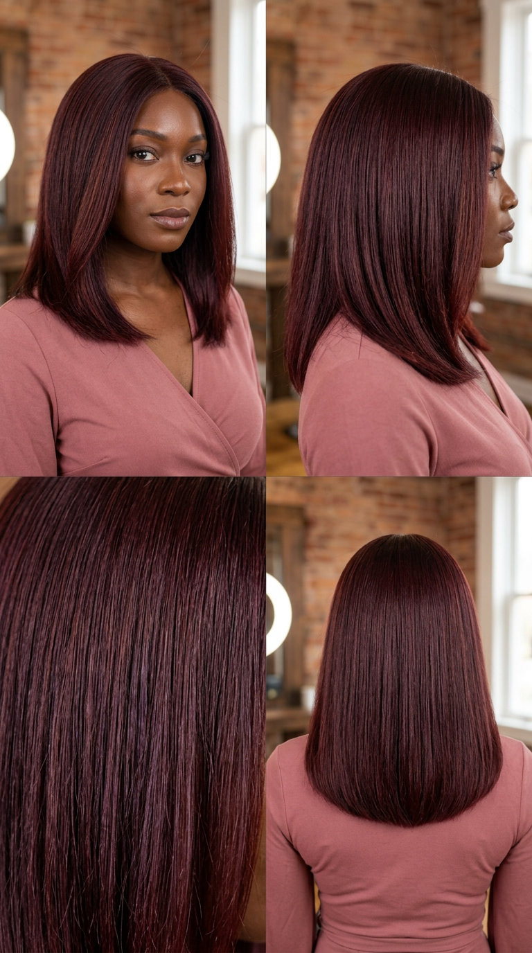 long mahogany bob with warm brown and violet undertones, all-over color — sophisticated