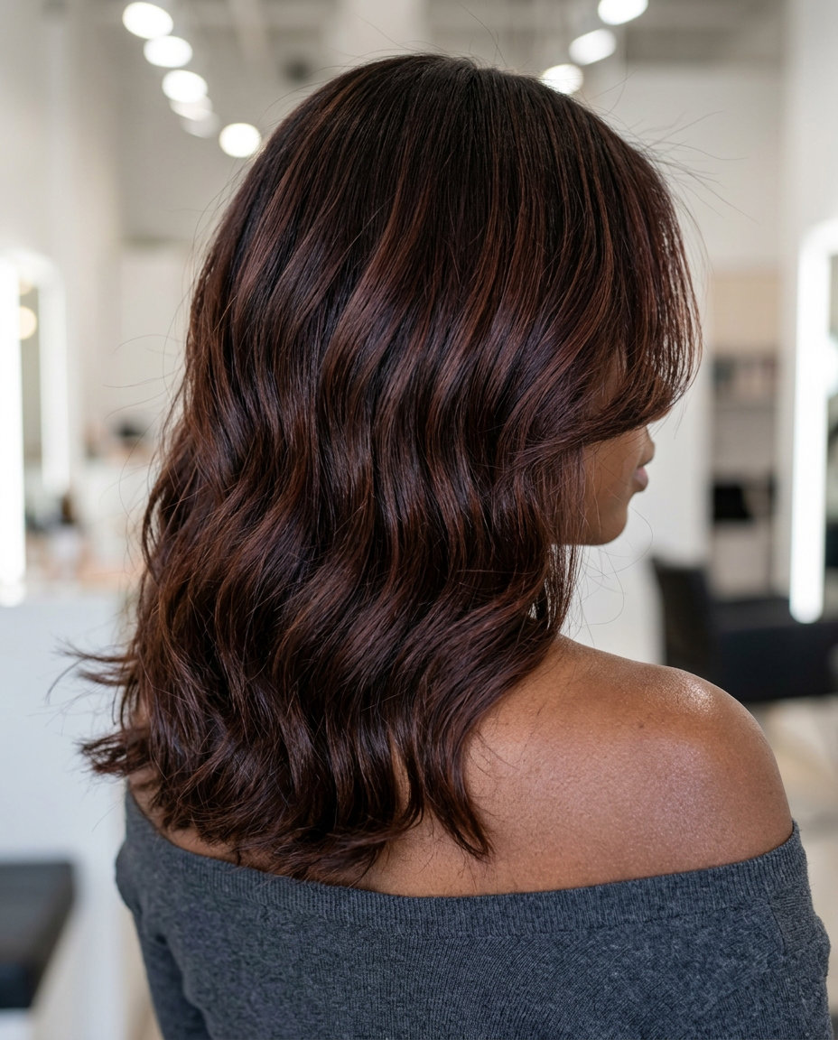 long mahogany red-brown highlights with subtle auburn, dimensional ribbons — sultry date night