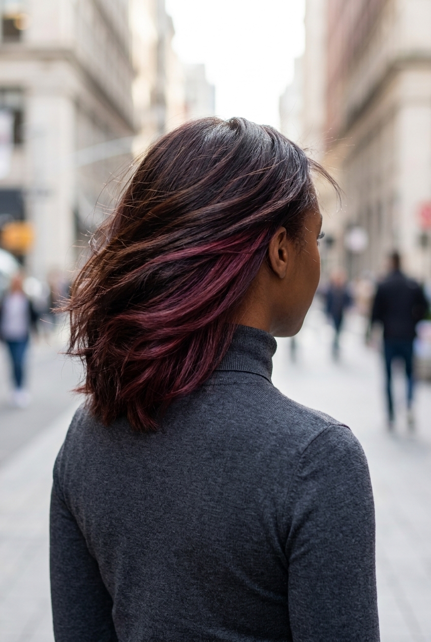 medium mahogany peekaboo undercut with ruby red and espresso base, hidden panels — edgy
