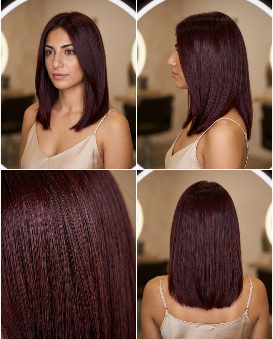 long sleek mahogany red global gloss with violet undertones, liquid shine — sophisticated summer hair color ideas 2026