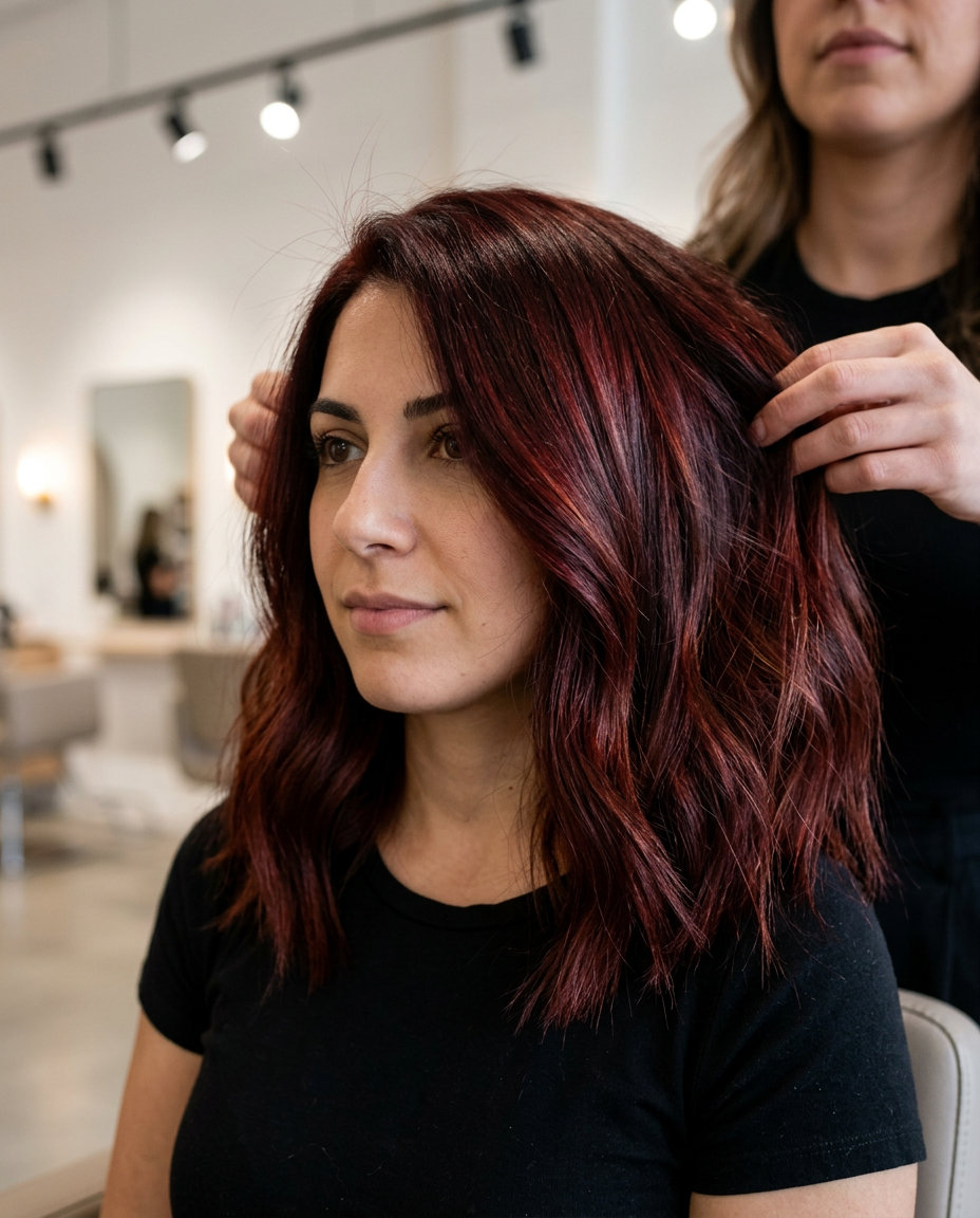 Vintage Mahogany Red Lob 2026 medium lob haircut with mahogany red, cherry wood tones, face-framing layers — retro