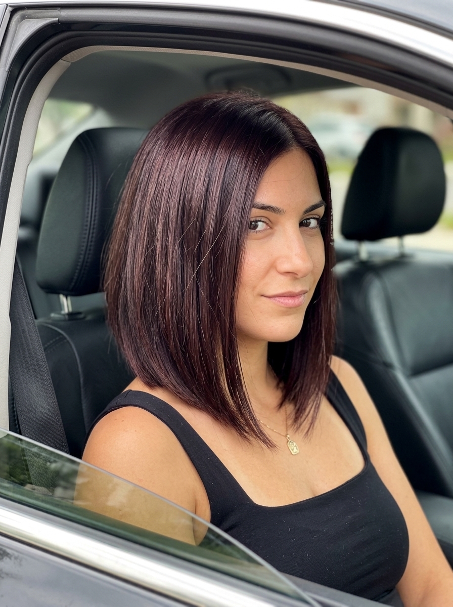 short razor bob haircut with deep mahogany, subtle auburn undertones, and clean A-line shape — sophisticated