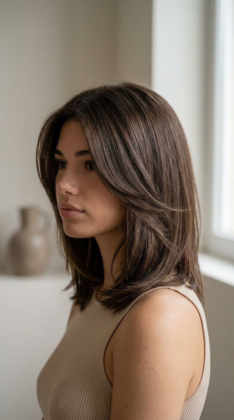 Velvet Espresso Face-Framing 2026 medium-length matte velvet espresso face-framing with neutral mocha base, reverse balayage — minimalist subtle