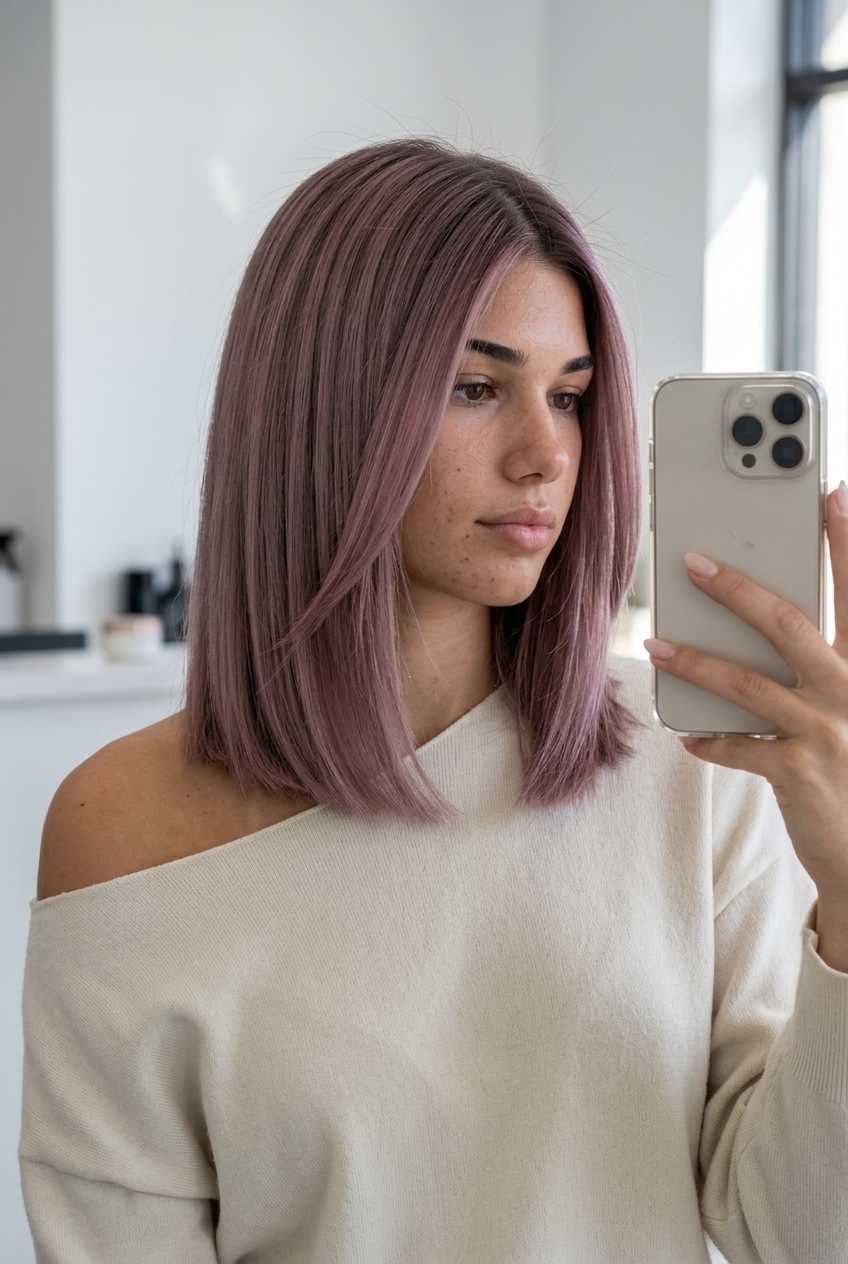 Mauve Minimalist Lob Haircut 2026 medium blunt lob with muted mauve and ash root smudge, minimalist sophistication