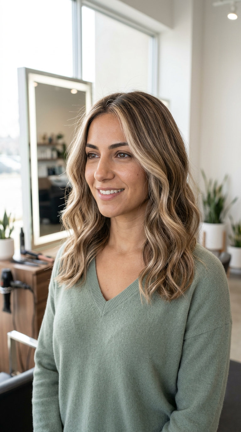 long medium brown with honey vanilla babylights, soft glow — effortless summer brunch