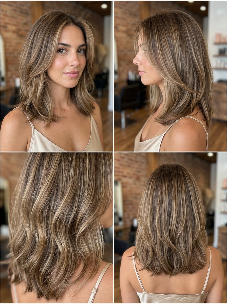 shoulder-length lob haircut with medium brown and beige babylights, soft graduated layers, face-framing layers — effortless romantic style
