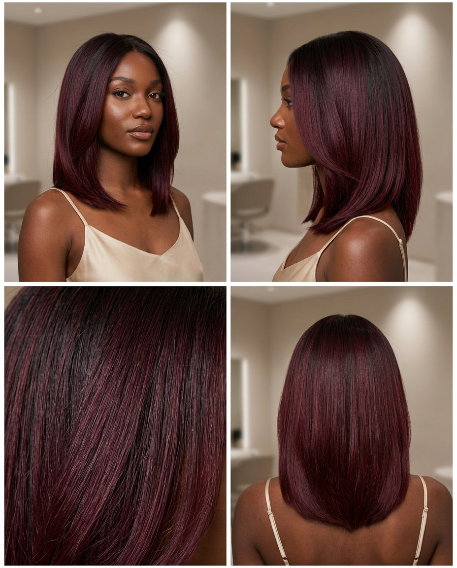 long merlot shadow root on dark base with violet-red tones for evening event