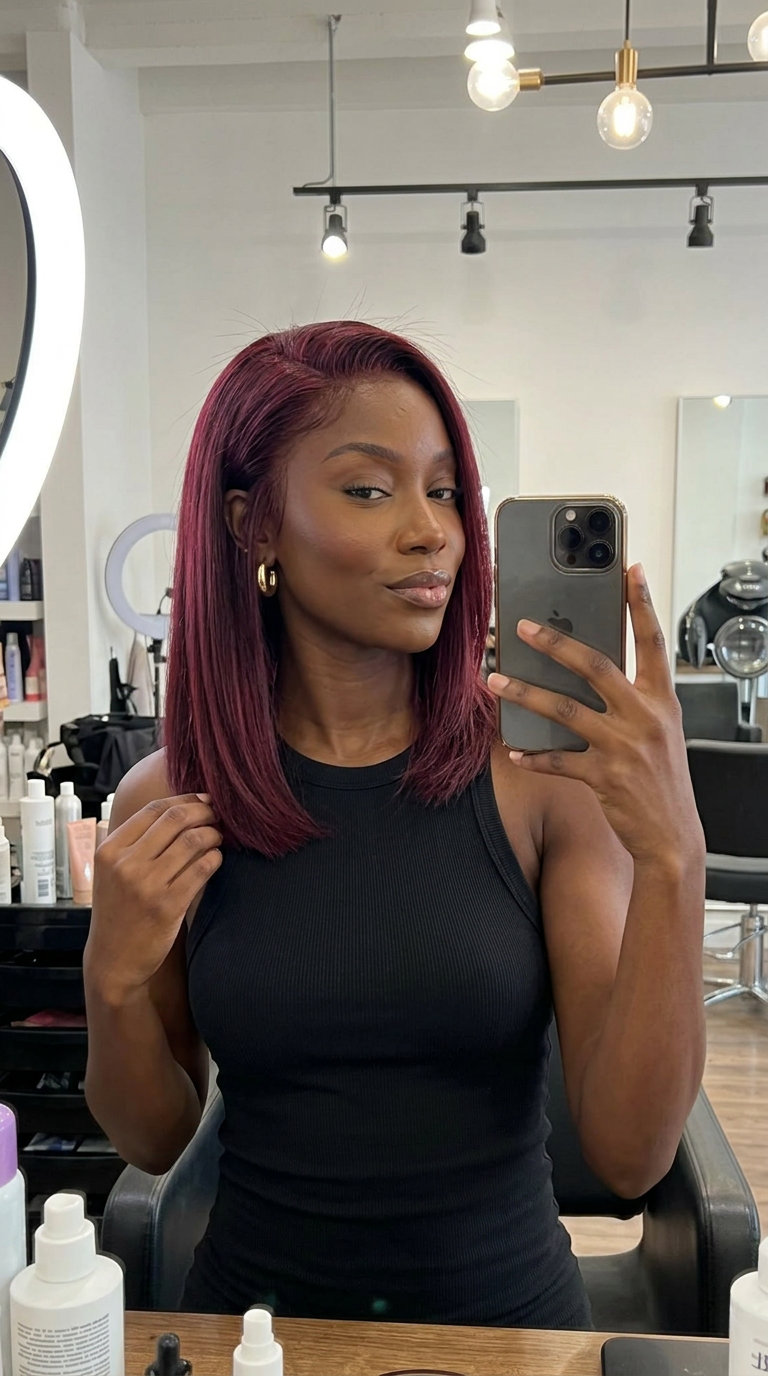 medium merlot blunt bob with violet and ruby undertones, all-over color — glamorous