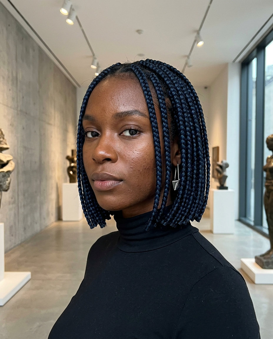 chin-length midnight blue-black braided bob with blunt ends, modern chic look