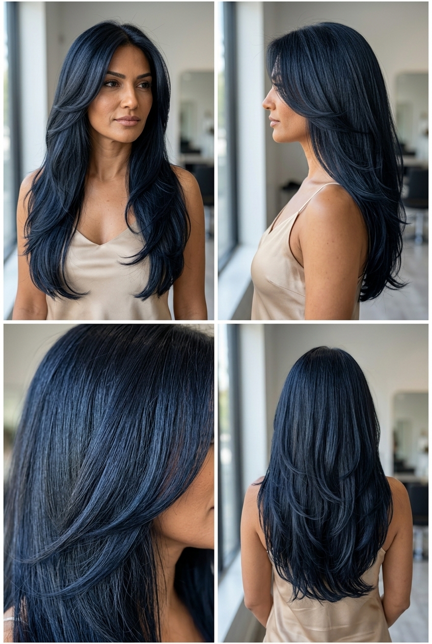 Glossy Blue-Black Layers 2026 long midnight blue-black haircut with cascading layers and high-gloss finish for summer