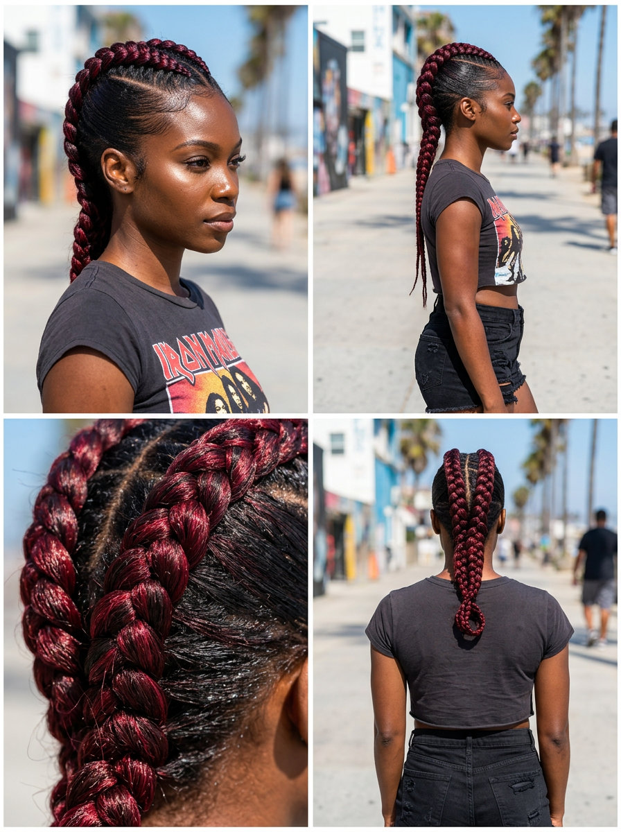 Bold Braided Mohawk 2026 long braided mohawk with midnight cherry color wax, slicked sides, bold style for festival