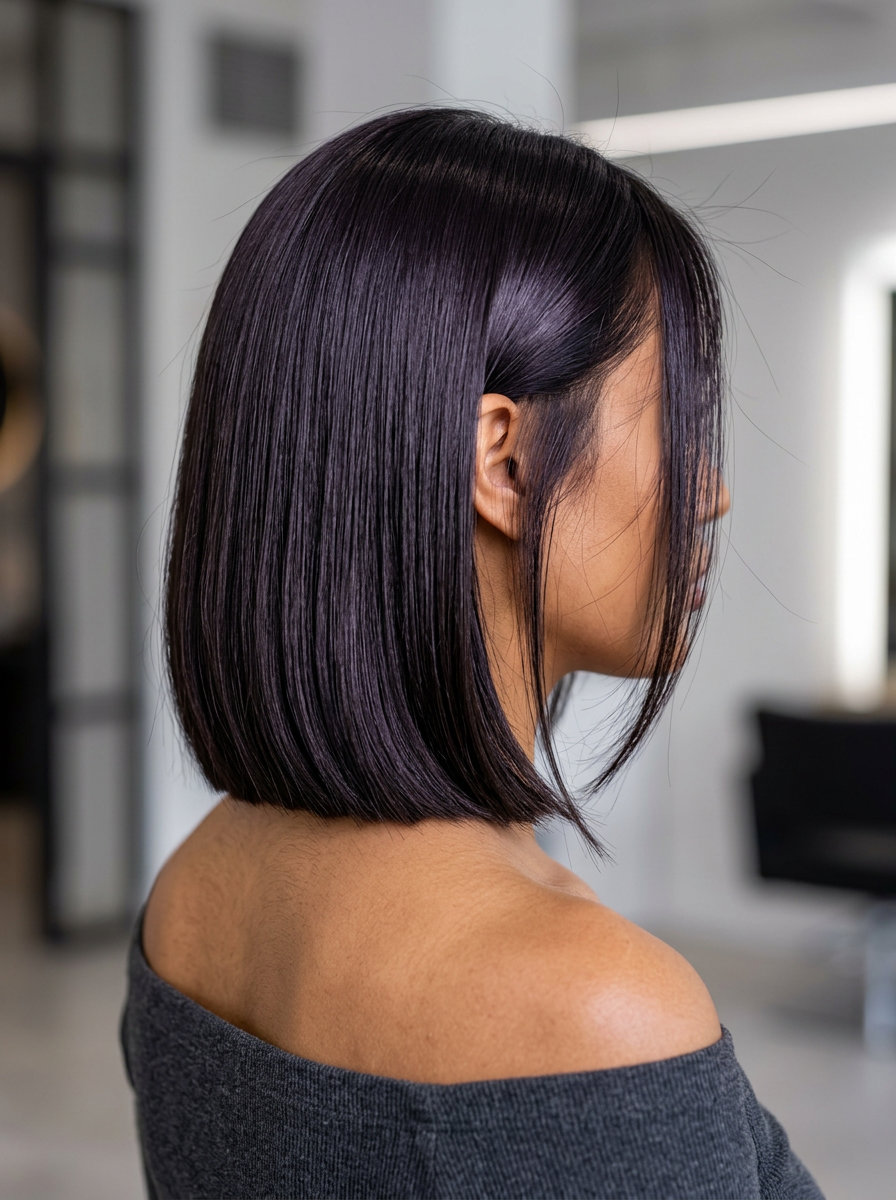 Midnight Contour Bob: Sleek Summer Style 2026 collarbone-length midnight espresso bob with violet undertones and blunt perimeter for summer