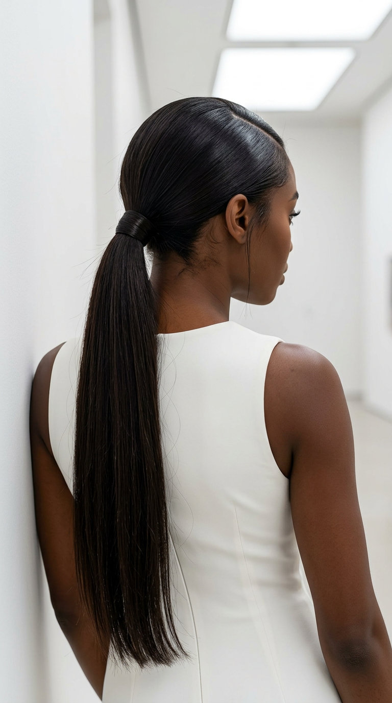 extra-long midnight espresso ponytail with blue-black undertones and high-gloss finish for sophisticated looks