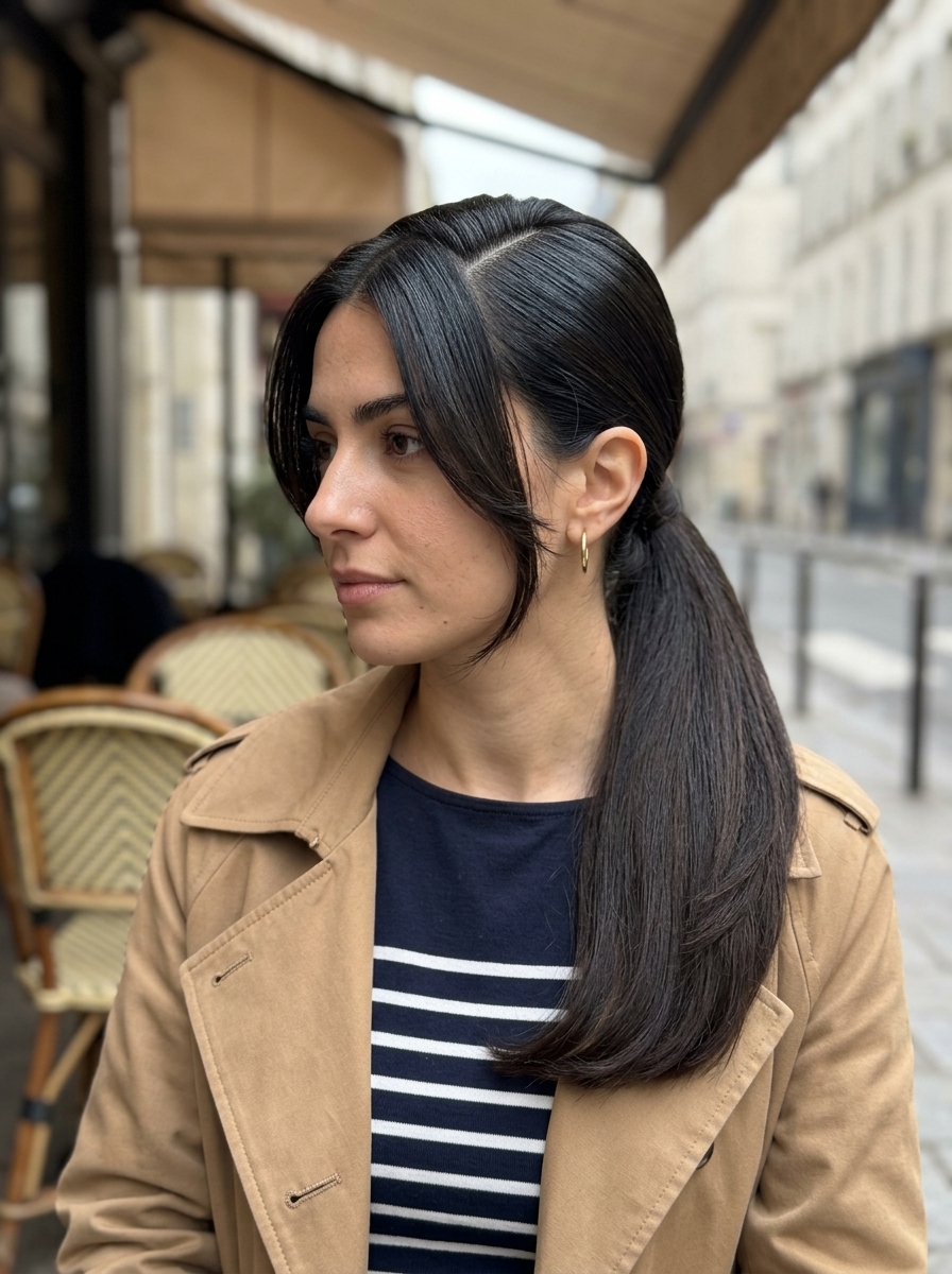 medium-long blunt ponytail with midnight espresso and blue-black gloss for summer 2026