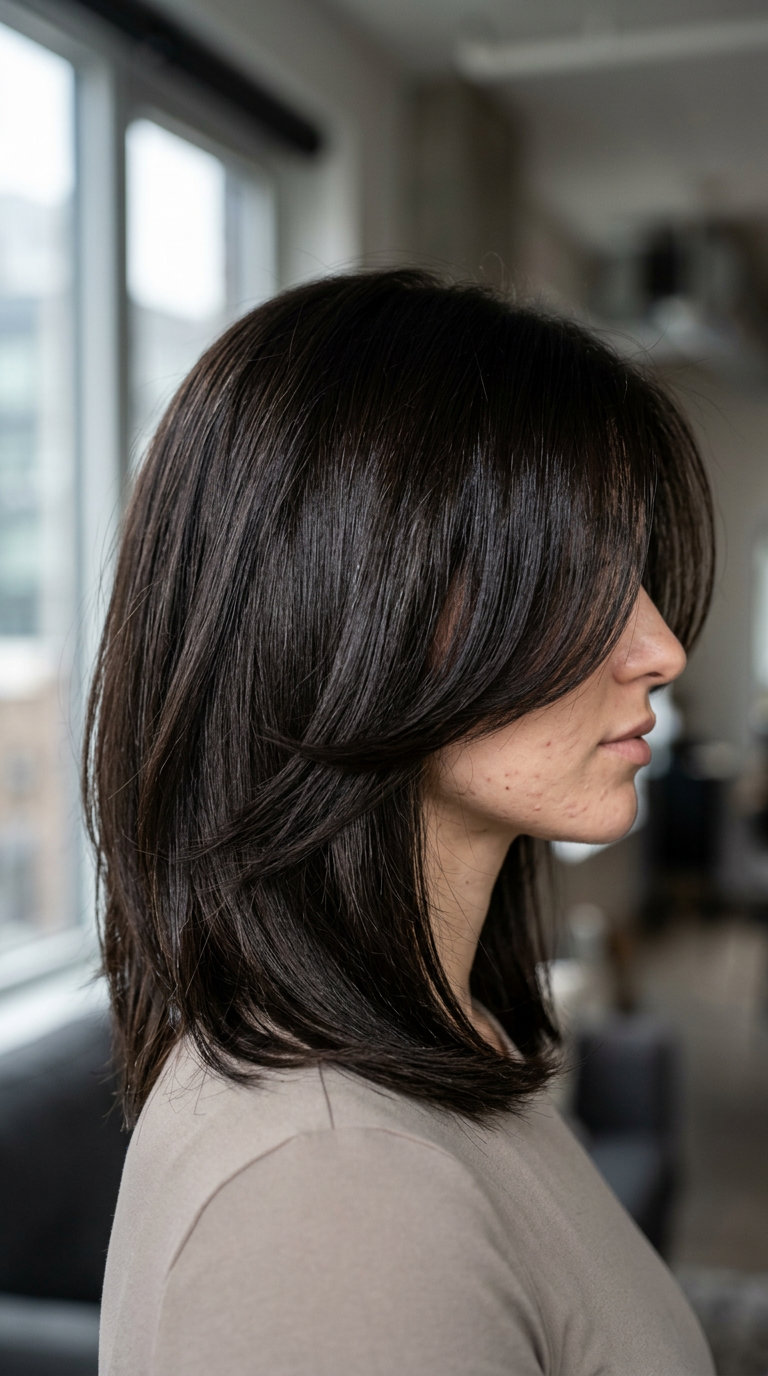 mid-length midnight espresso butterfly haircut with sculpted face-framing layers, blunt perimeter — professional, edgy