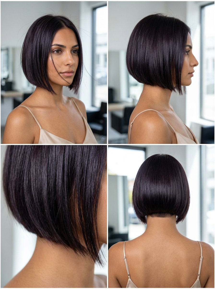 short razor bob haircut with midnight espresso, blunt perimeter and no bangs for evening event
