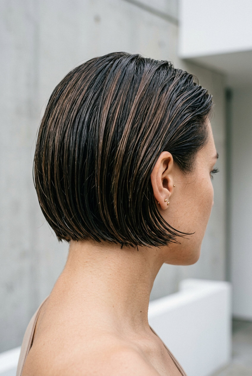 short midnight espresso hair in a sculpted wet-look crop with high shine for fashion events