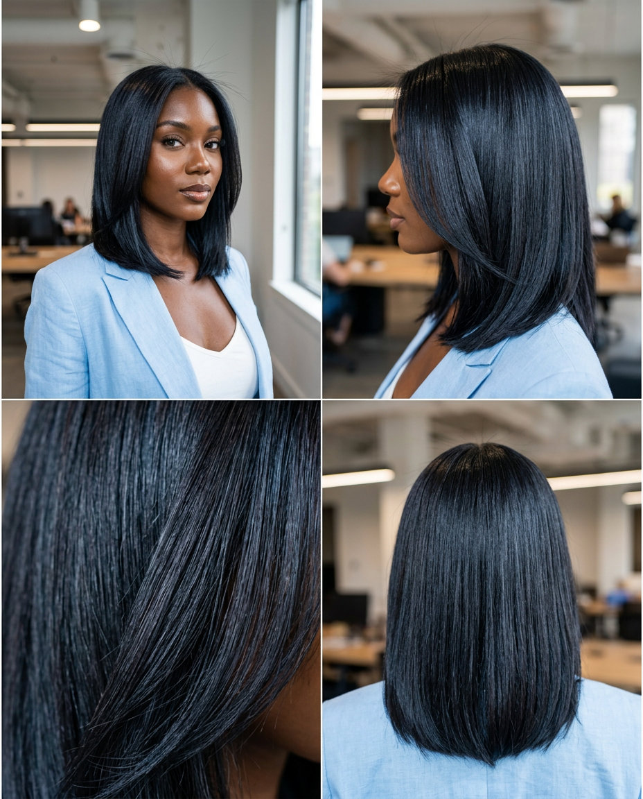 shoulder-length sleek lob with midnight espresso color, heat-styled and polished — professional, sophisticated