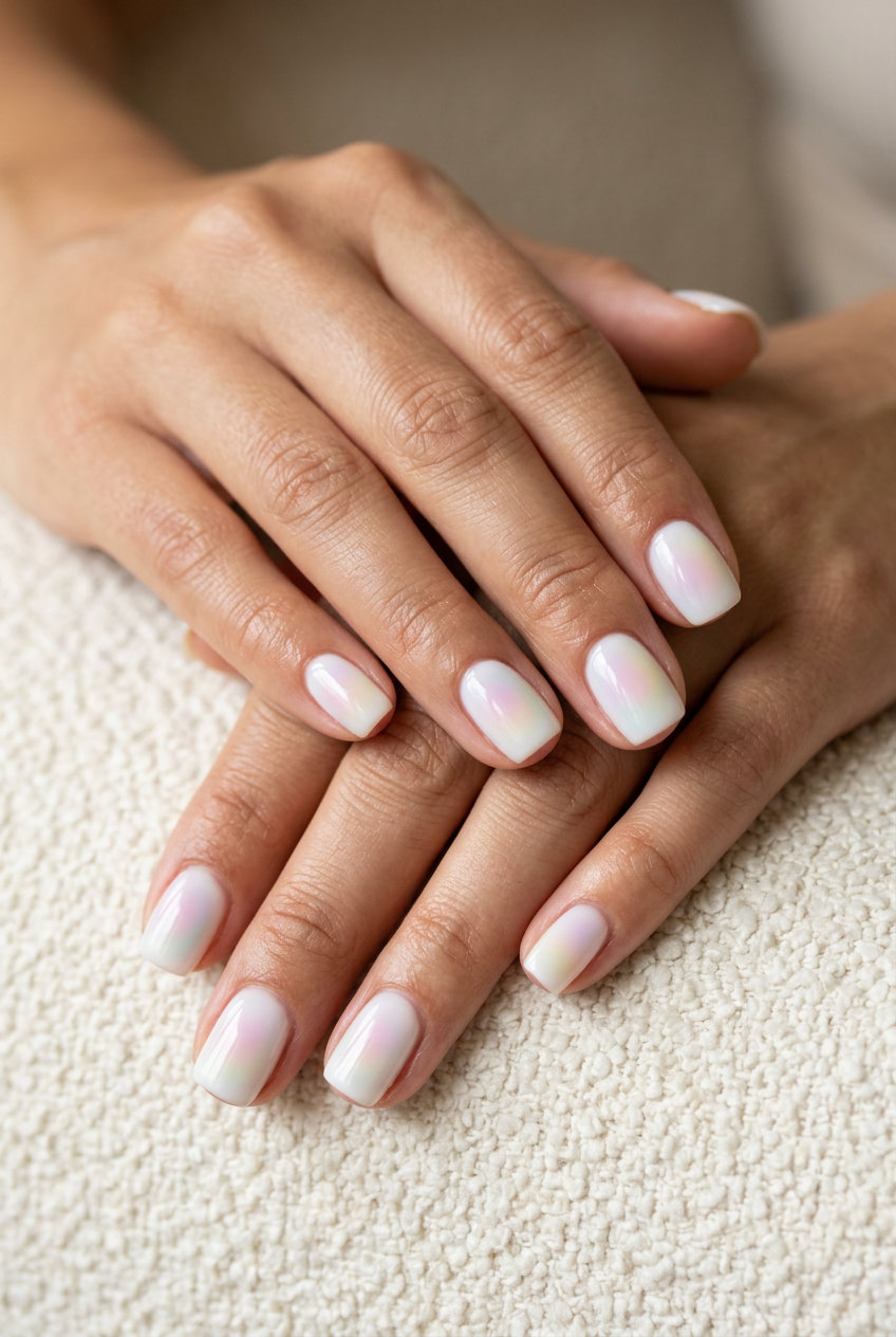 Milky Aura nails: ethereal milky white with soft pastel gradient for summer vibes nails 2026.