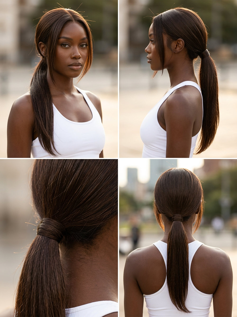 Sleek 'Clean Girl' Ponytail 2026 long layered haircut in deep mocha brunette with subtle warm undertones, face-framing layers starting at chin for sleek ponytail — effortless