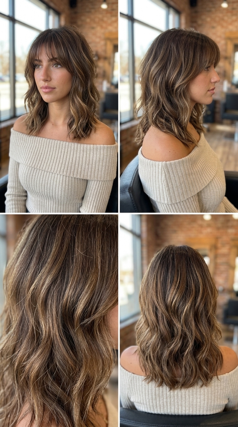 mid-length wavy shag haircut in mocha brunette with caramel balayage and curtain bangs for weekends