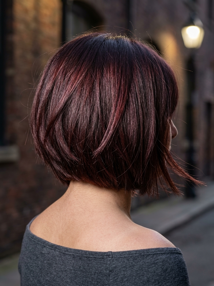 chin-length mocha cherry pop bob with blunt perimeter and piecey ends for bold look
