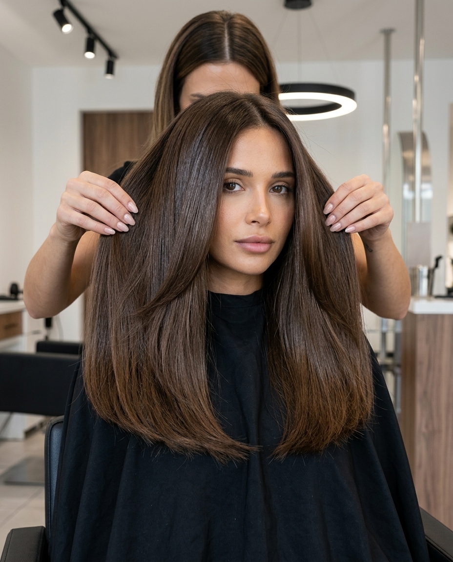 chest-length mocha brunette midi with blunt ends and invisible internal layers for sleek look