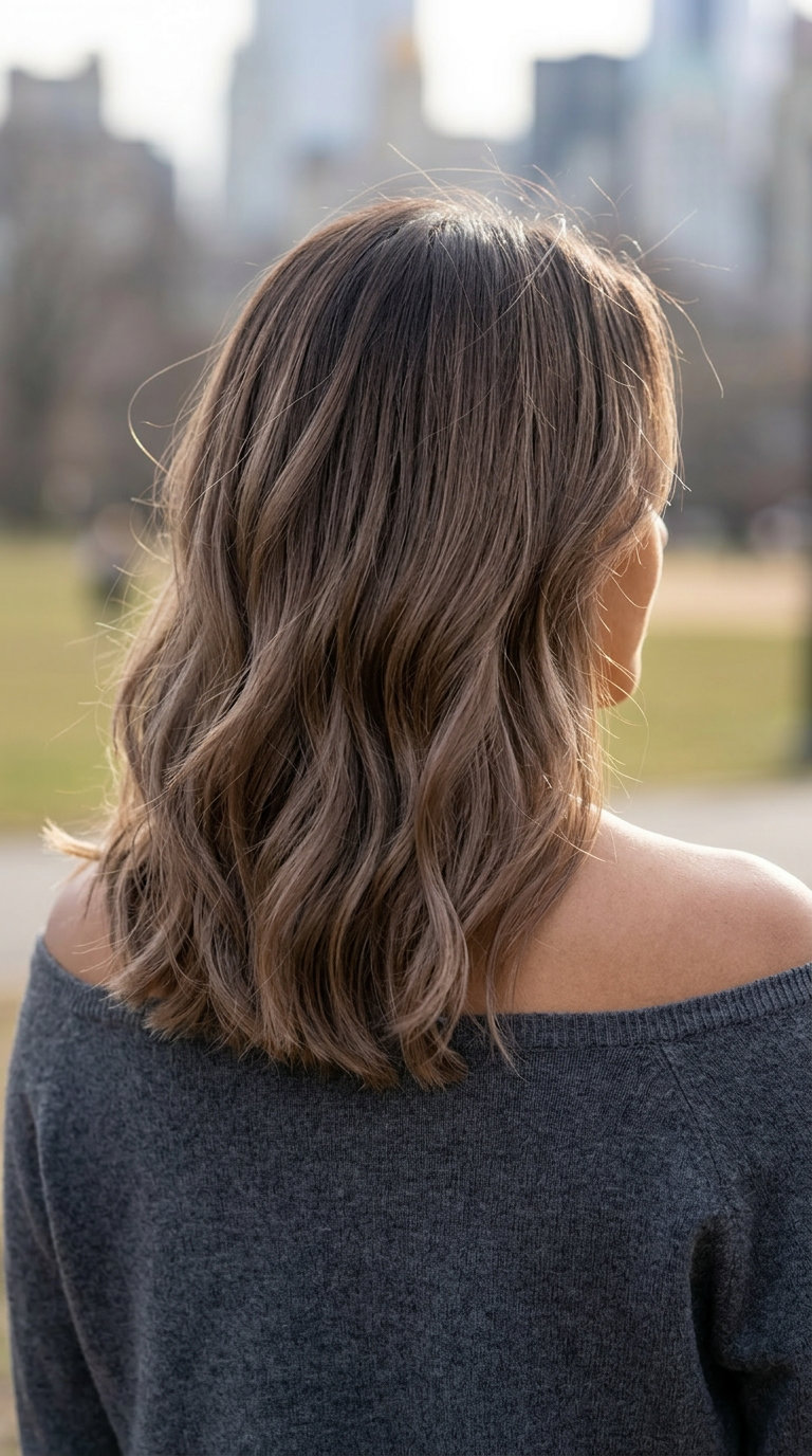 Cold Brew Mocha Shadow Root 2026: Effortless Brunette textured lob mocha hair color with dark espresso shadow root, no fringe — effortless natural style