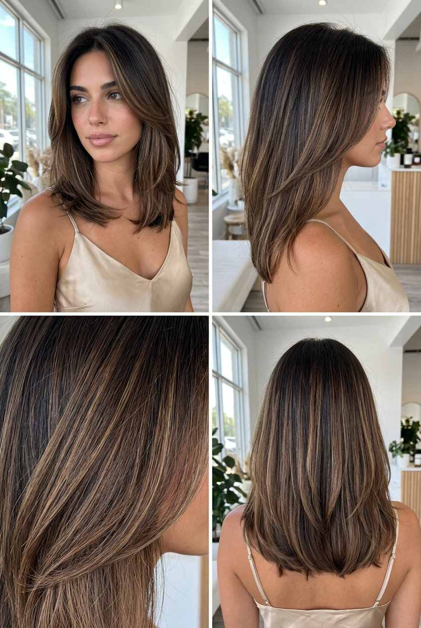 Mocha Wood Balayage 2026: Sophisticated Brunette long layered mocha hair color with earthy mocha balayage, face-framing pieces — sophisticated casual chic