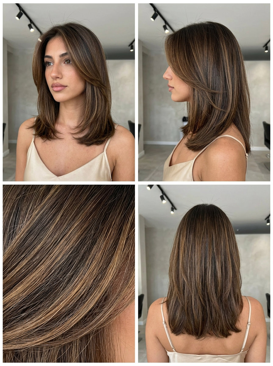 Mocha Wood Foilayage 2026: Luxurious Brunette long layered mocha hair color with warm mocha wood, foilayage, no fringe — luxurious event style