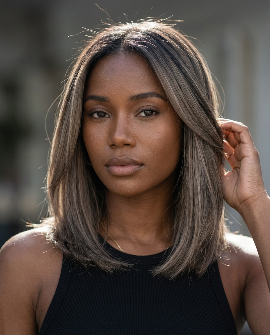 Sophisticated Ash Brown Foilayage 2026 long multi-dimensional ash brown foilayage with muted charcoal, seamless blend, no fringe — sophisticated wedding guest