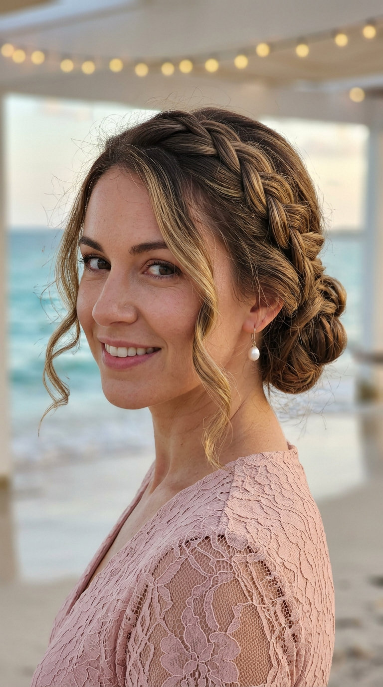 Braided Bun: Sophisticated Summer Hairstyles 2026 long multi-tonal low braided bun with soft tendrils, elegant finish — sophisticated summer hairstyle 2026