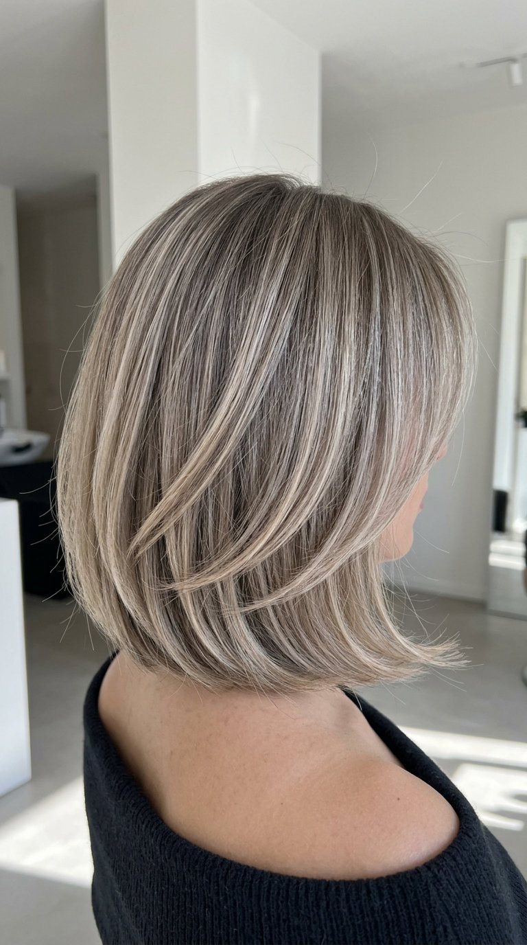 layered bob with mushroom blonde and ash lowlights, sleek finish — sophisticated modern