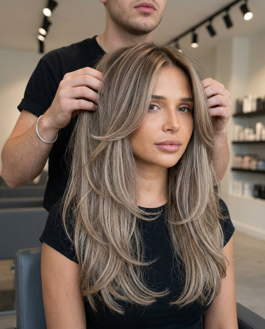 long hair with cool mushroom blonde highlights, ash taupe babylights, 'C' shape face-framing layers for minimalist sophistication