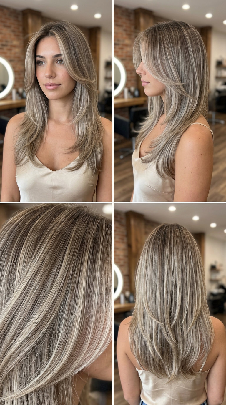 shoulder-length curve cut with cool mushroom blonde highlights, ash brown root smudge, face-framing layers for retro sophistication