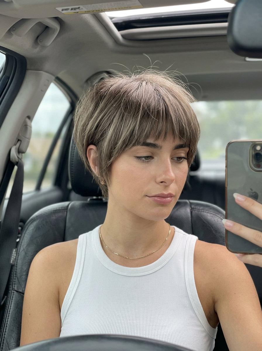 modern bowl cut with mushroom bronde & smoky root melt, textured edges for minimalist chic