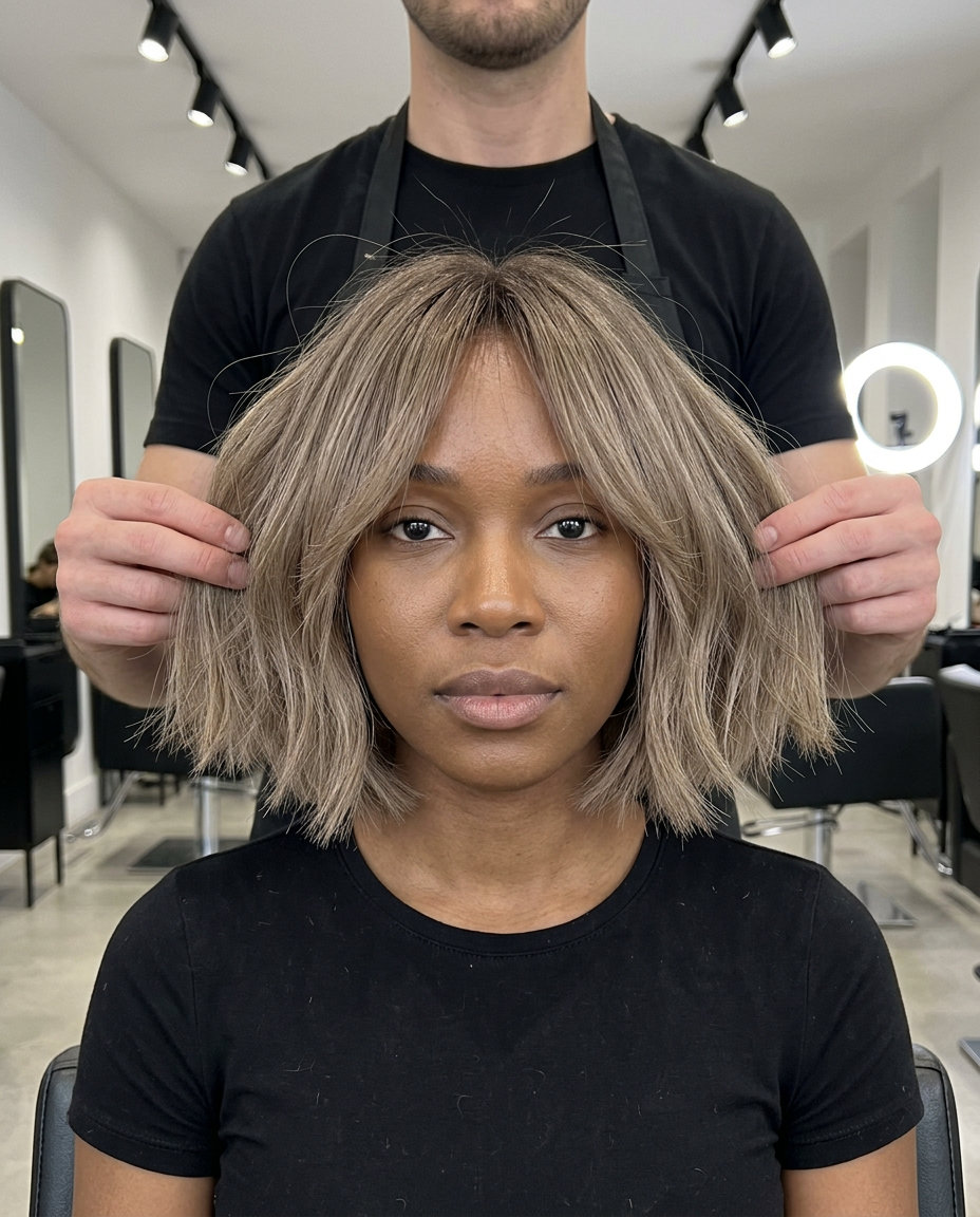 jaw-length textured bob haircut with mushroom bronde & smoky root melt, blunt perimeter for minimalist chic
