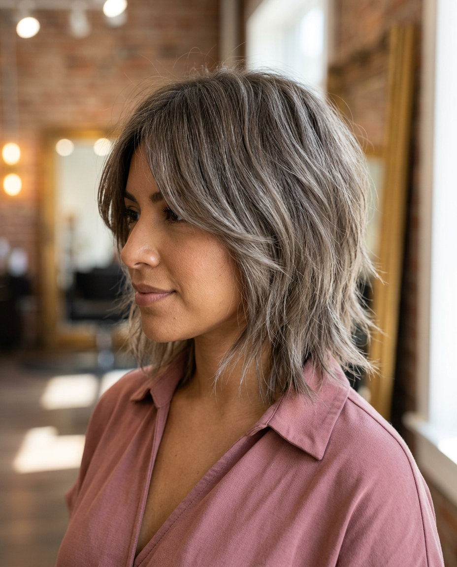 Mushroom Bronde Shag Wolf Cut 2026 jaw-length mushroom bronde wolf cut with ash undertones, choppy layers, minimalist mood