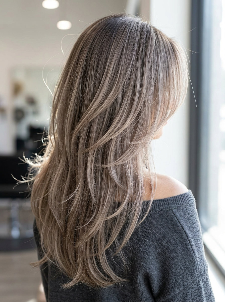 long mushroom bronde butterfly haircut with cool ash undertones, wispy face-framing layers — soft, ethereal