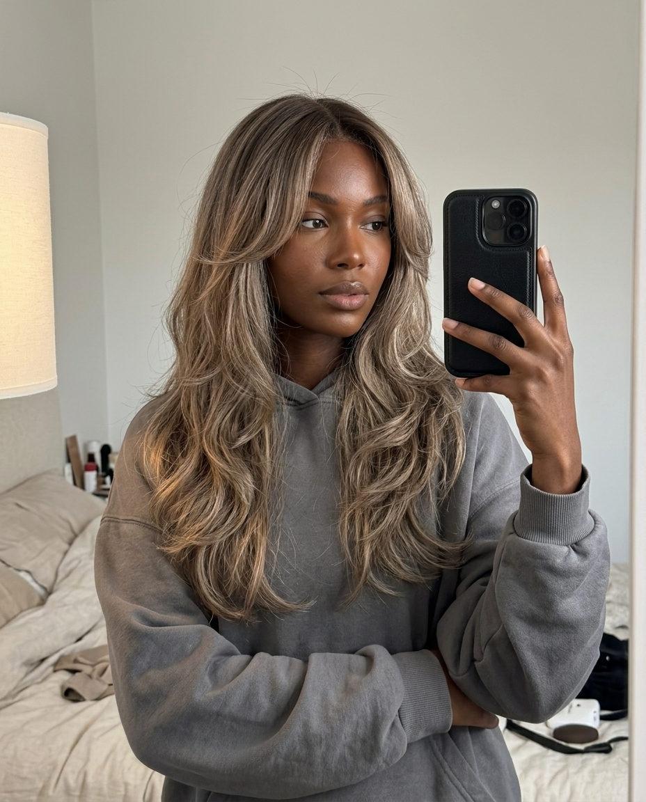long layered haircut with mushroom bronde & beige highlights, curtain bangs — soft natural effortless