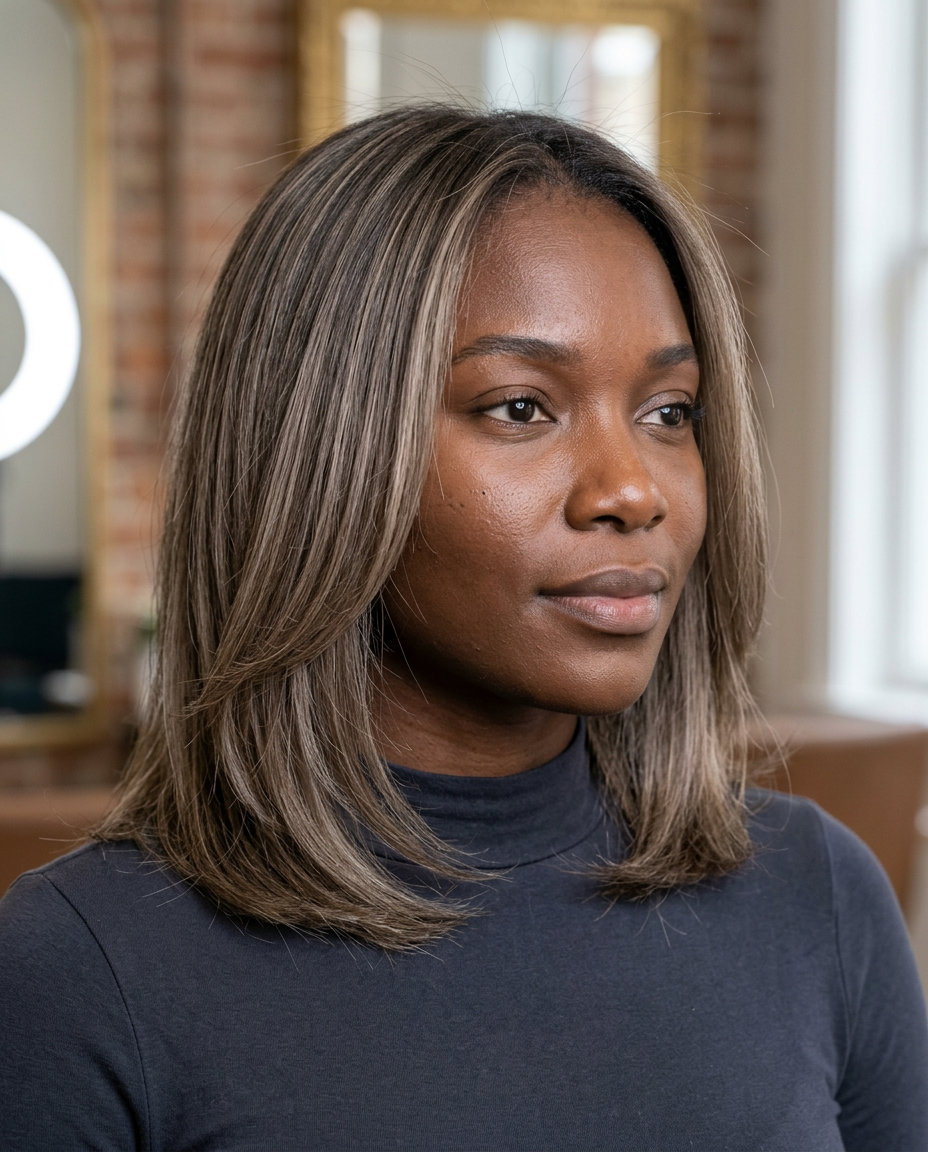 medium mushroom bronde babylights with ash blonde and dark base, subtle contrast — modern
