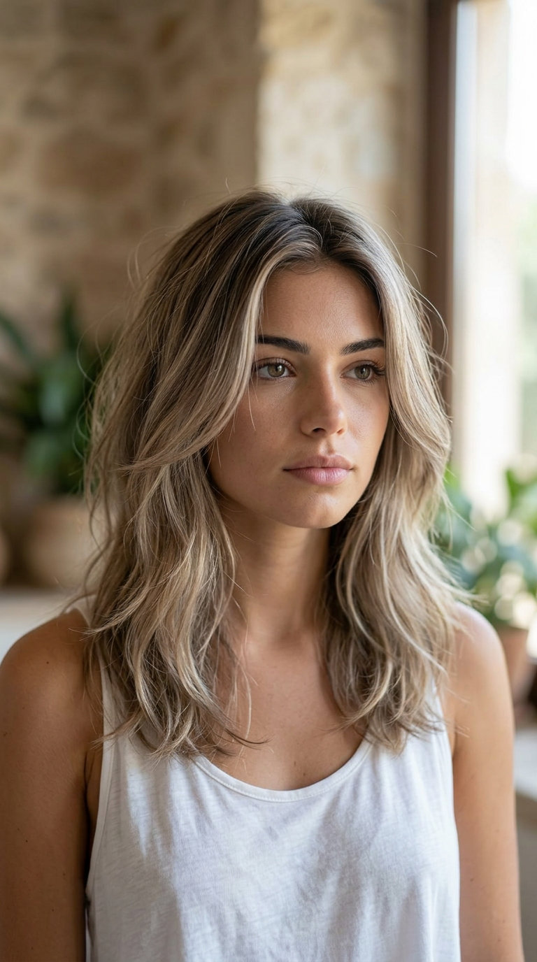 Effortless Mushroom Bronde Summer Haircut 2026 medium layered haircut with mushroom bronde, balayage, no bangs — effortless cool-girl