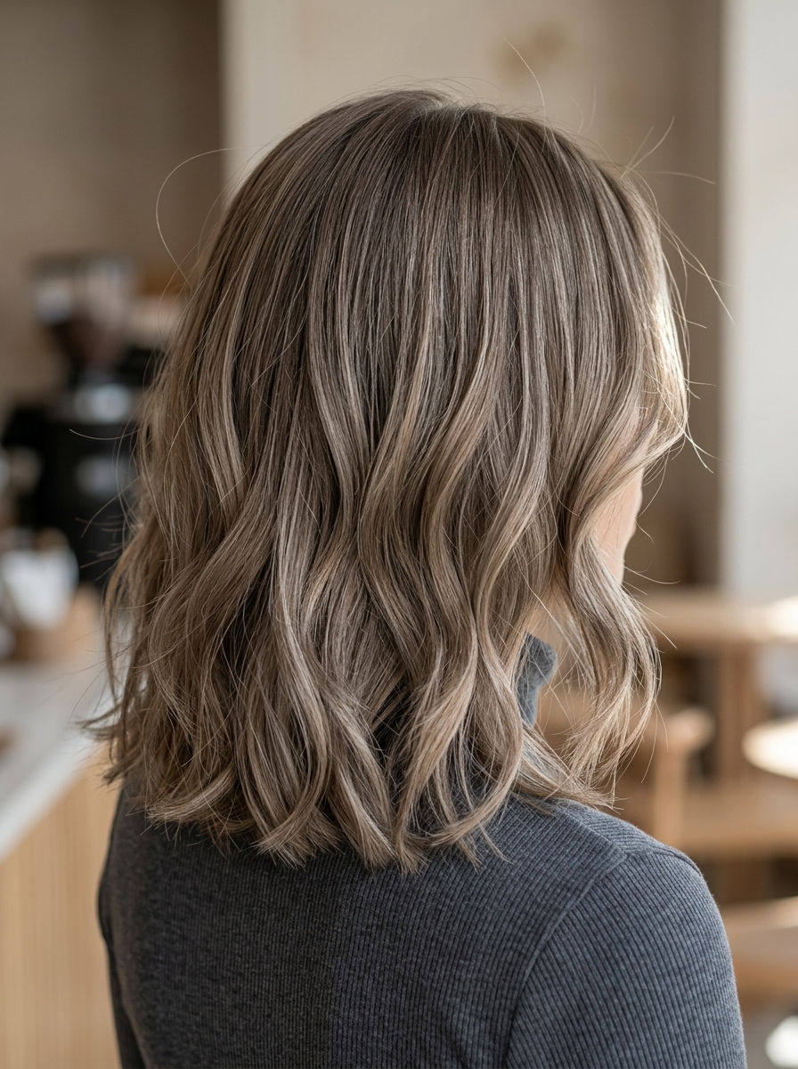 Mushroom Bronde Layered Lob 2026 medium lob with mushroom bronde, ashy babylights and curtain bangs for soft look