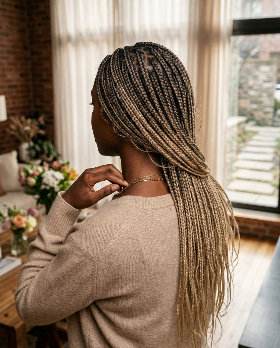 mid-length knotless braids in mushroom bronde with balayage blending for professional summer look